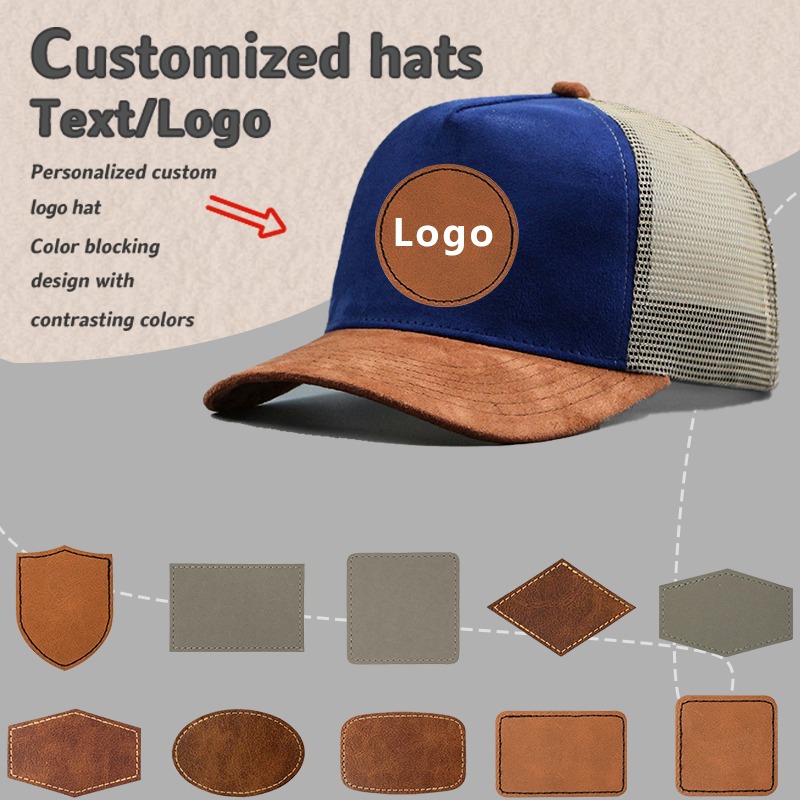 Trucker Cap Mesh - ป้ายหนังโลโก้ที่กําหนดเองห้าแผง Suede เบสบอลหมวกผู้ชายและผู้หญิงฤดูใบไม้ผลิและฤดูร้อนการจับคู่สีตาข่ายรถบรรทุกหมวก