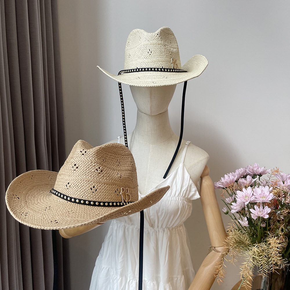 Cowboy Hat Straw - หมวกคาวบอยปีกกว้างแบบใหม่ ดีไซน์ลายตัวอักษร หมวกกันแดดสำหรับวันหยุดพักผ่อนริมชายหาดสำหรับผู้หญิง