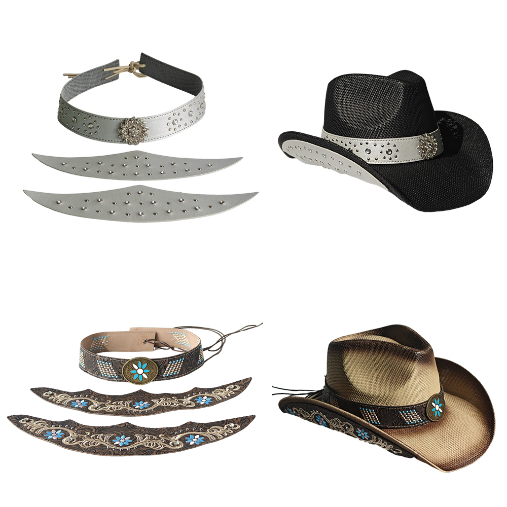 Cowboy Hat Straw - หมวกคาวบอย ชุดอุปกรณ์เสริมสามชิ้น สายคาดหมวกปักลายทันสมัย อุปกรณ์เสริมหมวกฟางสำหรับผู้ชายและผู้หญิง ของตกแต่งกลางแจ้ง
