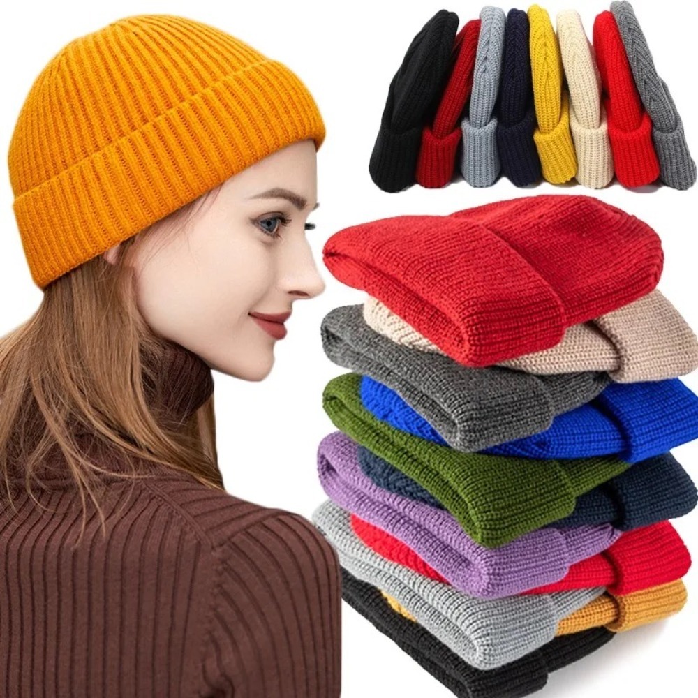 Beanie Cuffed Knit - หมวกบีนนี่แบบมีขอบพับสำหรับฤดูใบไม้ร่วงและฤดูหนาว สีพื้น แบบยูนิเซ็กส์ ถักลายริบบิ้นคลาสสิก ให้ความอบอุ่น เหมาะสำหรับสวมใส่กลางแจ้งและในชีวิตประจำวัน